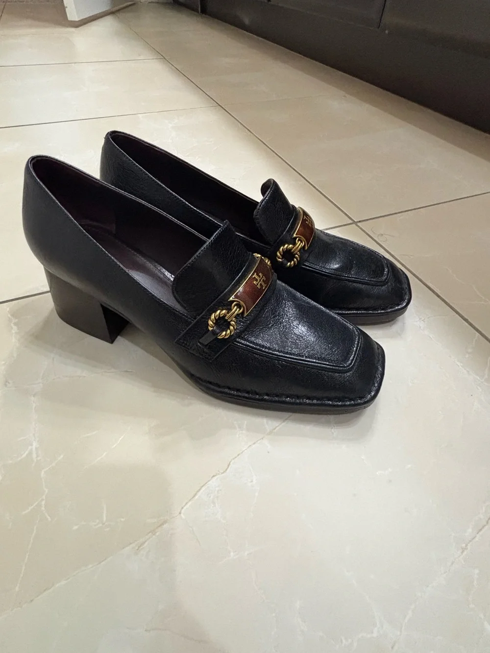 Tory Burch Black Leather Heeled Loafers with Gold Accent